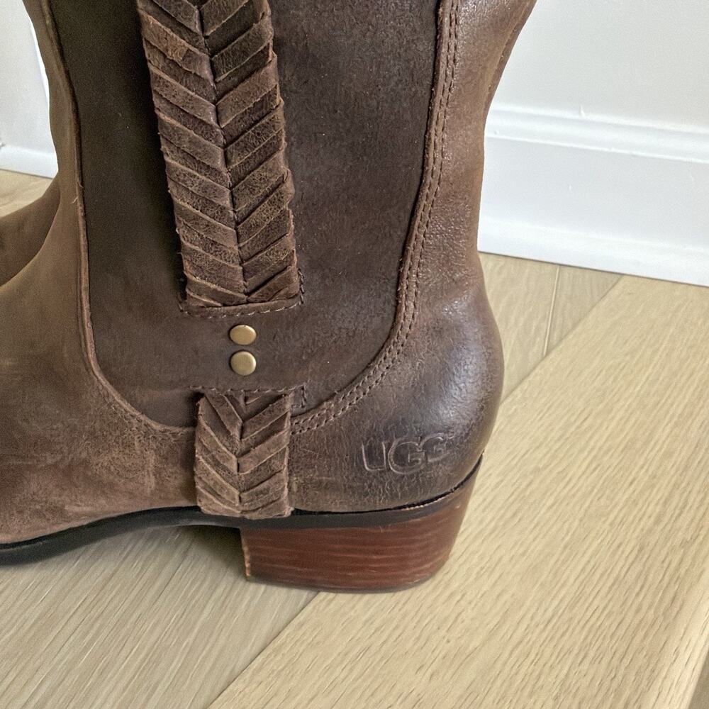 UGG Jaspan Mid-Calf Boots Oiled Suede & Leather Uppers Women’s Size 11 Brown - Picture 2 of 11